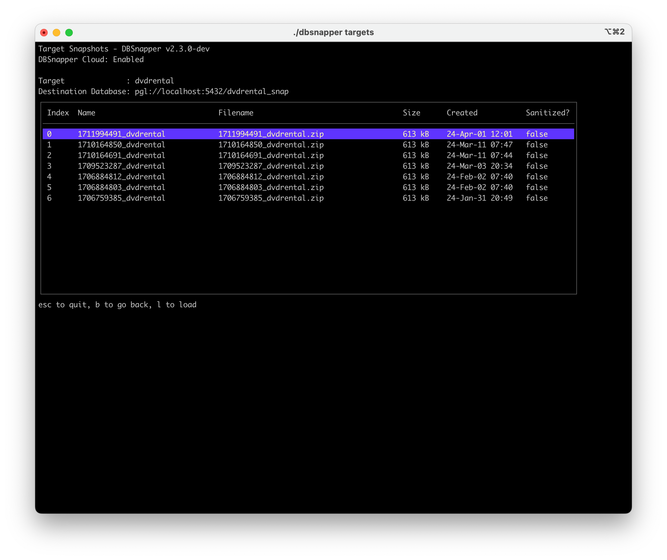 DBSnapper Agent UI - Target Snapshots