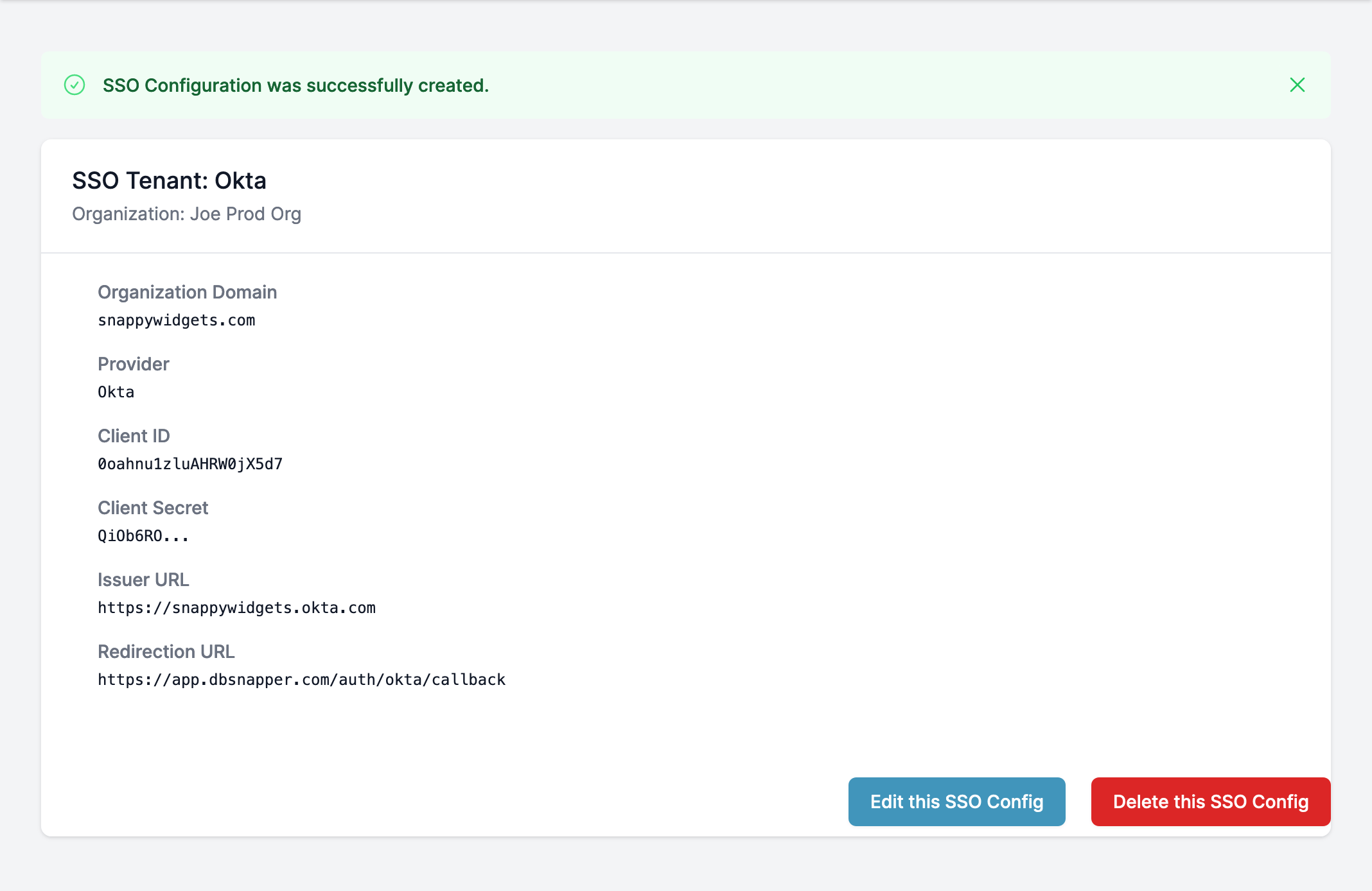 SSO Tenant Successfully Created