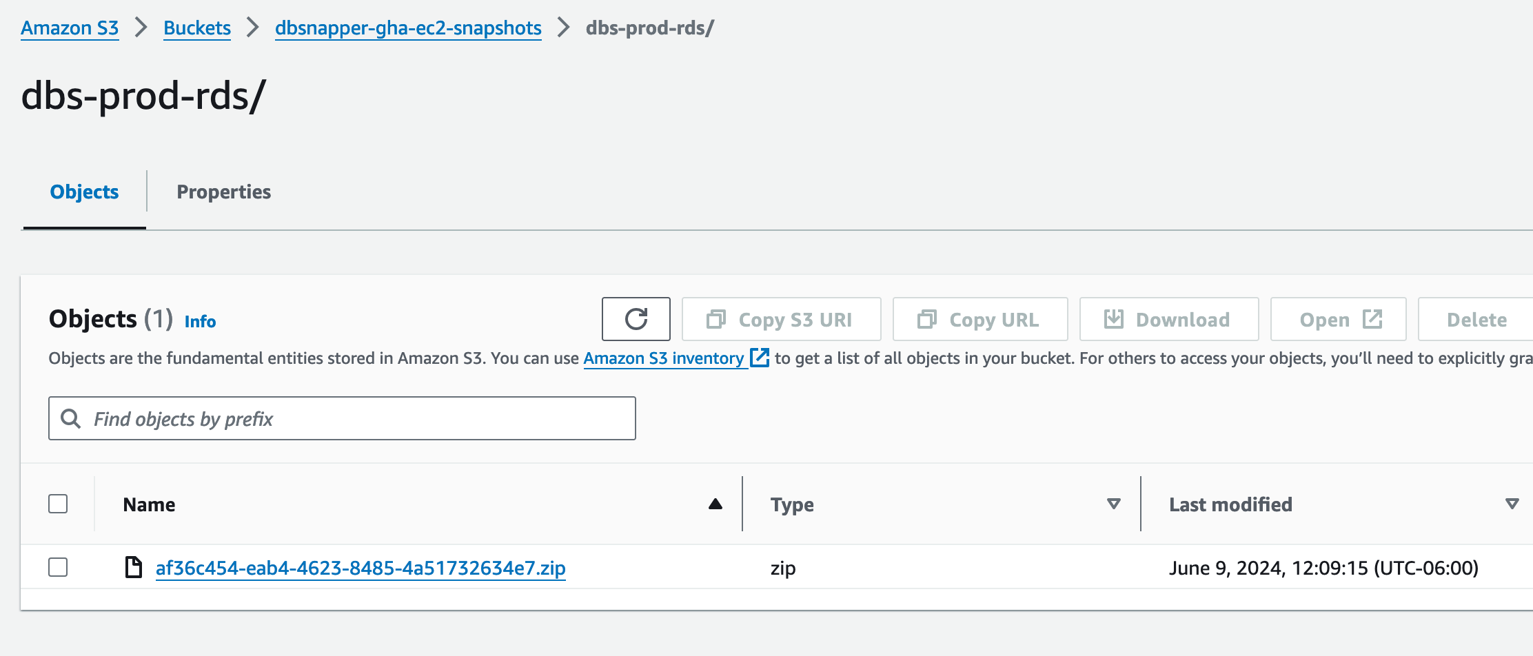 Listing of objects in our snapshot bucket on S3