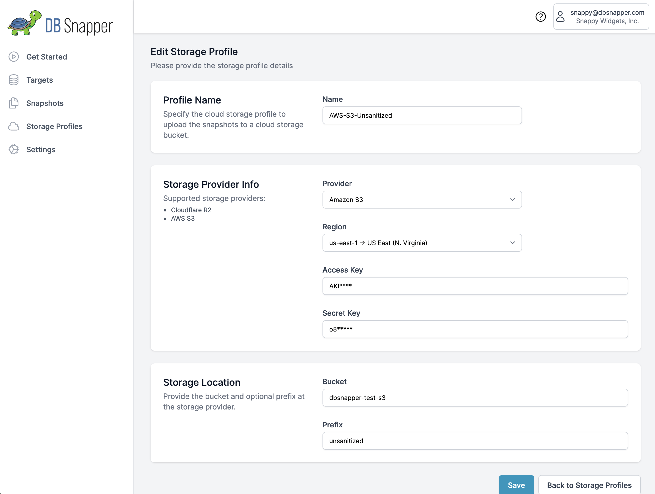 DBSnapper Cloud - Edit Storage Profile